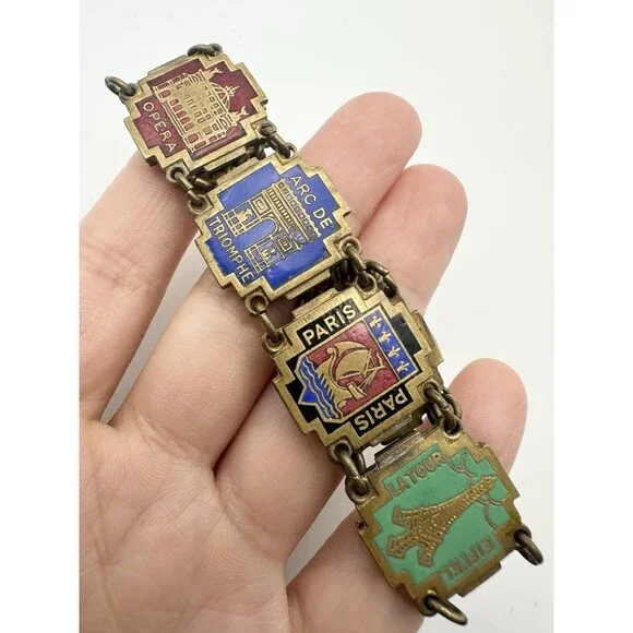 Vintage Paris France Souvenir Monument Enamel Bracelet 7.25" - Picture 2 of 5